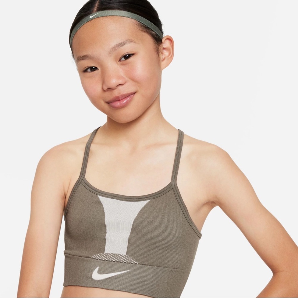 NEW Nike Girls Dri-FIT Indy Sports Bra Olive Size Small Sweat Wicking Training
